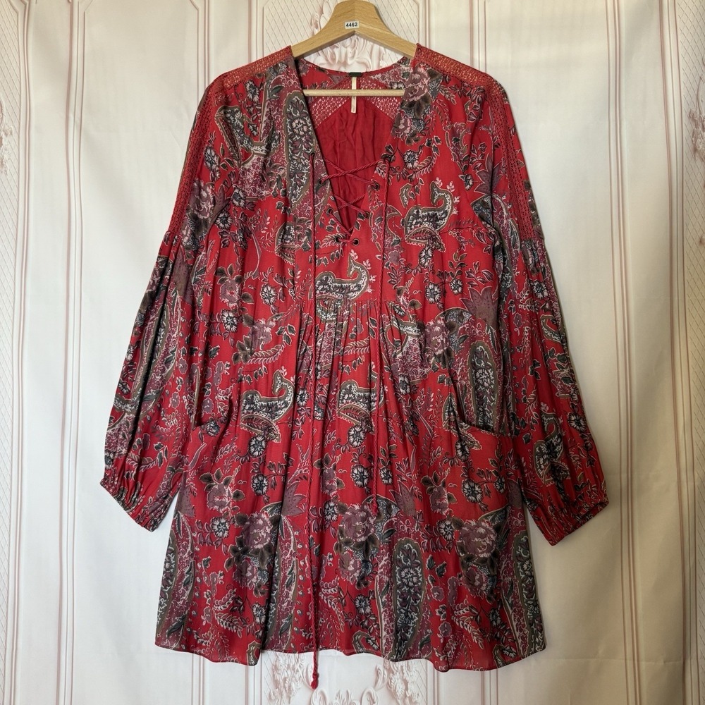 Free People Dress Rain Or Shine Red Paisley Women's Size S Boho Pockets